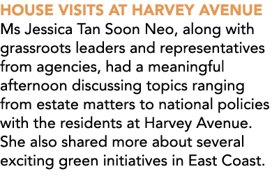 HOUSE VISITS AT HARVEY AVENUE Ms Jessica Tan Soon Neo, along with grassroots leaders and representatives from agencie...