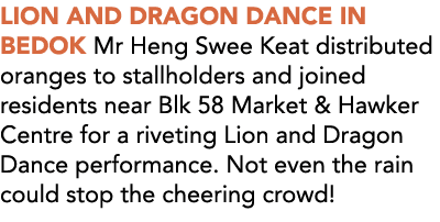 LION AND DRAGON DANCE IN BEDOK Mr Heng Swee Keat distributed oranges to stallholders and joined residents near Blk 58...