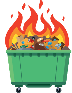 burning waste bin. flat vector illustration. green container