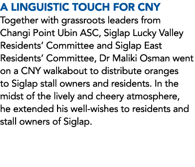 A Linguistic Touch For CNY Together with grassroots leaders from Changi Point Ubin ASC, Siglap Lucky Valley Residents...